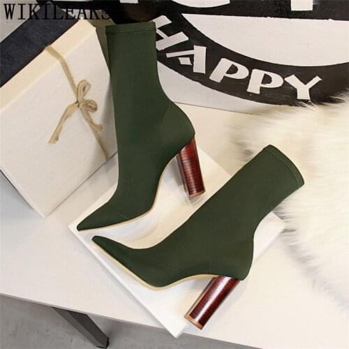 Socks Boots Shoes Wood Grain Thick Heel High Heels Boots Women Mid Calf Boots For Women Shoes Woman Botines Mujer 2020 Ayakkabi