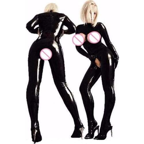 2017 New Sexy Lingerie Women Open Cup Bra Crotchless Black Latex Bodysuit Catsuit Exotic Apparel Female Elastic W7912