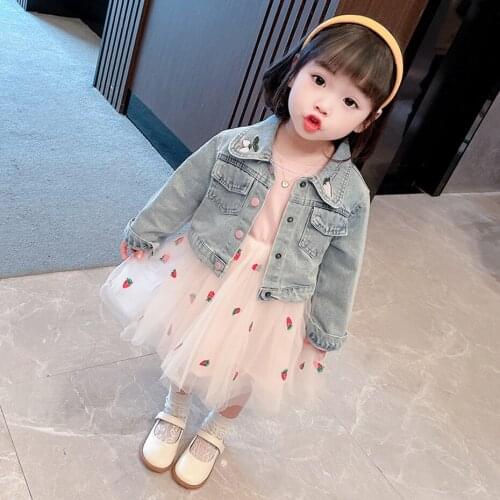 Girls Clothing Embroidery Costume For Girls Denim Jacket + Mesh Dress Girls Clothes Set Spring Autumn Kids Clothing