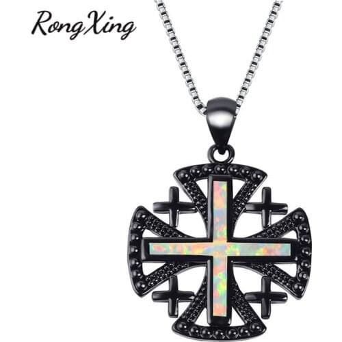 RongXing White/Blue Fire Opal Lucky Cross Pendants Necklaces for Women Vintage Black Gold Filled Necklace Fashion Jewelry NL0144