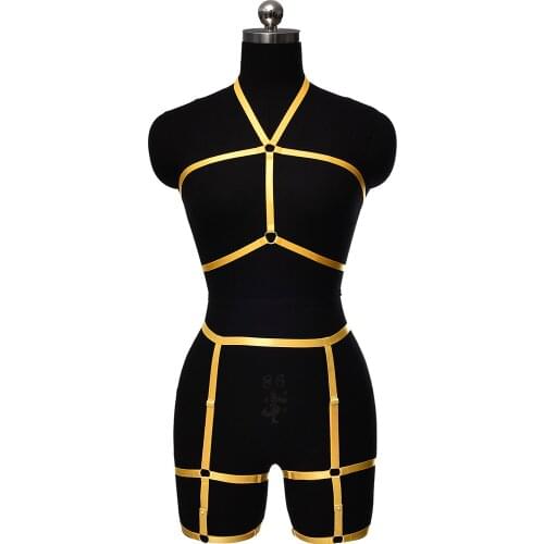 Punk Goth Harness Pole Dance High Waist Garter Bondage Lingerie Body Cage Elastic Belt Rave Top Adjustable Harness Bra Set
