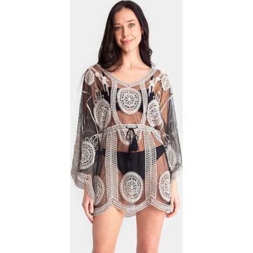 Embroidery Mesh Swimsuit Cover up Tunic V neck Mini Dress Kaftan Pareo Plage Beach Cover up Beachwear White Casual Women Dress