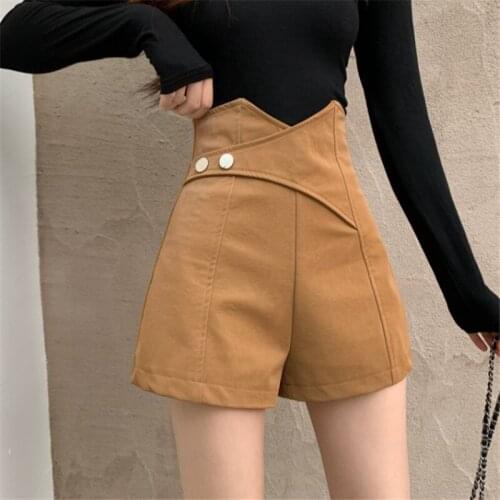 2021 New Autumn High Waist Irregular PU Shorts Women A Line Wide Leg Leather Shorts Office Ladies All Match Button Casual Shorts