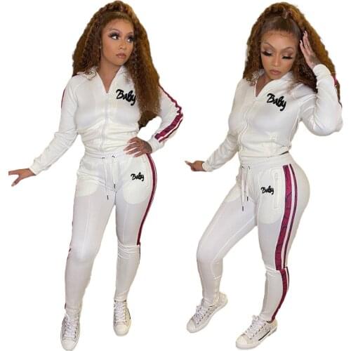 Echoine Letter Embroidery Autumn Ladies Long Sleeve Hooded Sweatshirt Zipper Short Crop Top Trousers With Pocket Sports Outfits