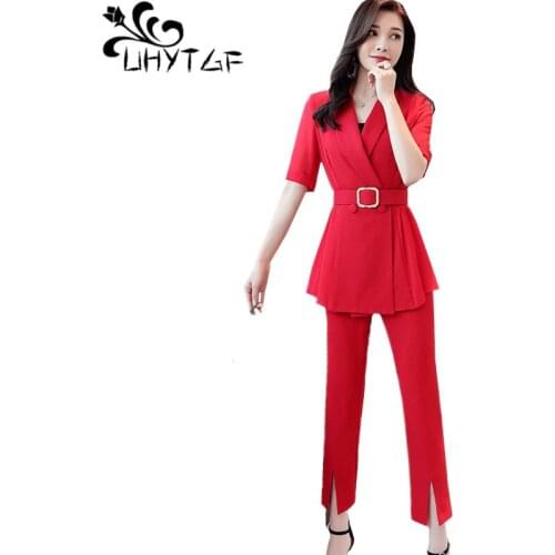 UHYTGF Women two piece outfits fashion short-sleeved top + cropped pants elegant suit female Casual autumn 2 piece set women 438