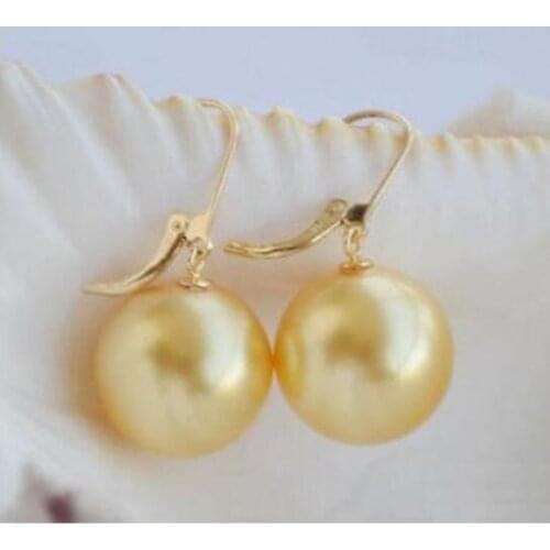 Gorgeous AAA9-10MM ROUND SOUTH SEA GOLD PEARL EARRING14K free shipping