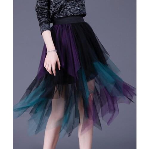 Irregular Hem Mesh Tutu Skirts Fashion Elastic High Waist Long Tulle Skirt Irregular Mesh Tutu Skirts Women Elegant Party Skirt