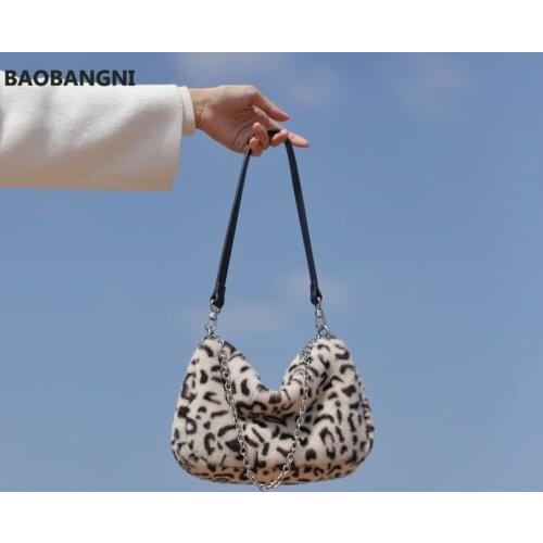 Winter Soft Plush Leopard Print Women Shoulder Bags New Faux Fur Ladies Underarm Bag Vintage Female Tote Purse Handbags