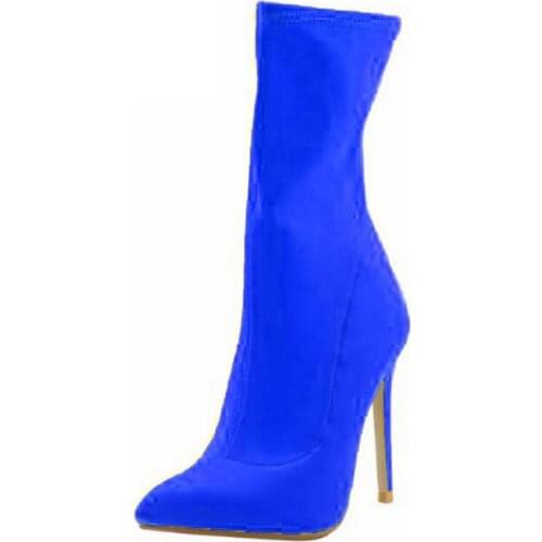 Customized Blue Womens Boots Ankle Pointed Toe Stretch Fabric Wide Calf Boot Candy Colors Autumn Winter Boots Ladies Shoes