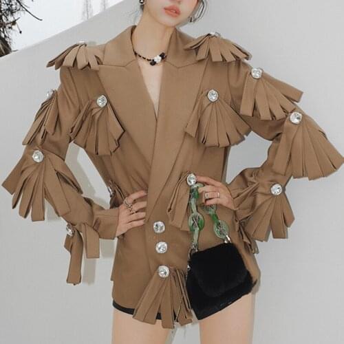 2021 Autumn Khaki Blazers Notched Collar Long Sleeve Single Breasted Jackets Ladies Floral Tassel Suits Coats Outerwear C014