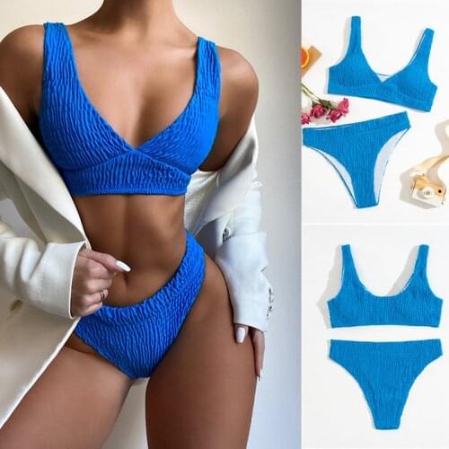 6 Colors Summer Women 2Pcs Bathing Suit Ladies Deep V Neck Sleeveless Solid Color Shirred Bikini Tops+Shorts Set Swimsuits