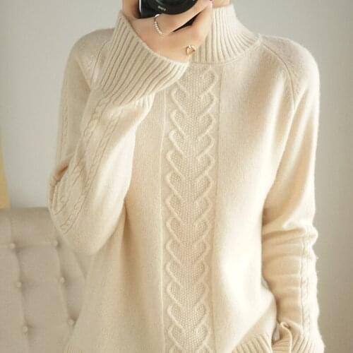 2021 new style 100% wool ladies high neck pullover sweater long sleeve pure color all-match casual cashmere base sweater