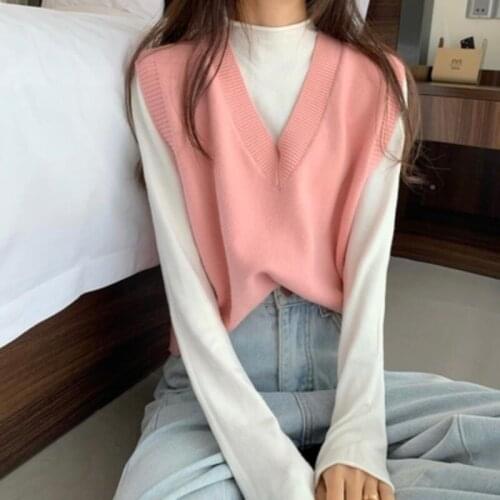 Spring Autumn Winter Korean Women Knitted Sweater Sleeveless Solid Color Women Vest Ladies V-Neck Pullover Tops Female Waistcoat