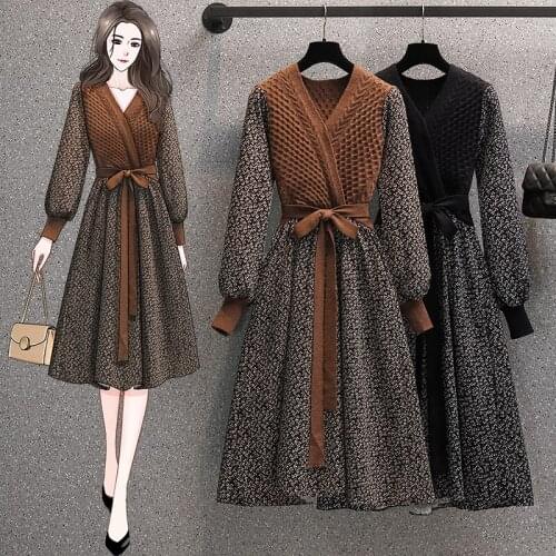 EHQAXIN 2021 Autumn Plus Size Womens Dresses Fashion Corduroy V-Neck Floral Stitching Bow Lace-Up A-Line Long Dress Female M-4XL