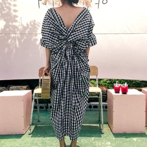 Summer Dress Women Vintge Plaid Long Dresses Lady vestidos Loose V Neck Back Bows Holiday Casual Beach Party Dress CC240