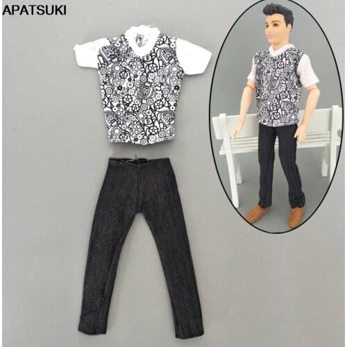 1set 1/6 Boy Doll Clothes Painted Flower Shirt & Black Pants Trousers For Ken Doll Clothes For Barbie Boyfriend Ken Prince Doll