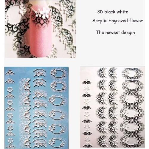 1pc 3D Acrylic Engraved flower Nail Sticker Embossed white black lace Flower Water Decals Empaistic Nail Water Slide DecalsZ0108