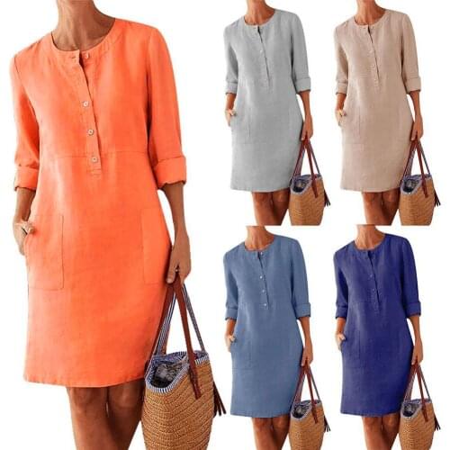 2021 Fashion Autumn Women Midi Dress Women Solid Color Loose Cotton Hemp New O-Neck Long Sleeve Casual Dress Plus Size Vestidos