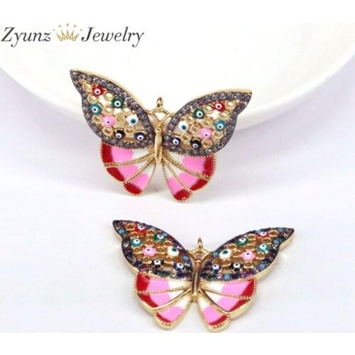 5PCS, CZ Micro Pave Gold Color Crystal Enamel Eye Butterfly Pendants DIY Jewelry Making Fashion Charms Pendants for Necklace