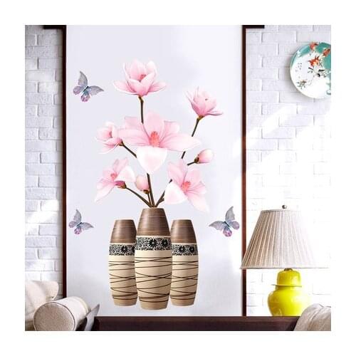 70*100cm DIY Lotus Vintage Poster Vinyl Wall Sticker Chinese Style 3D Flower Antique Vase Living Room Bedroom Decor Mural