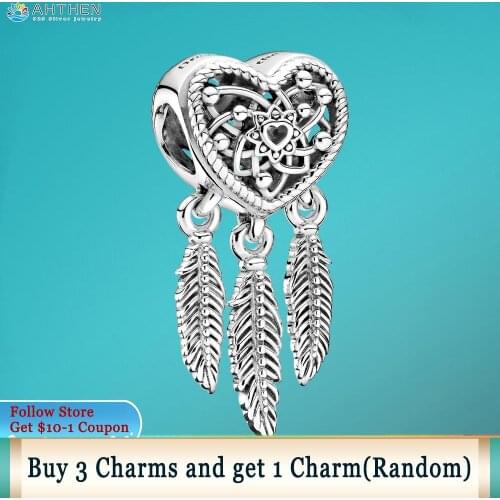 Ahthen 925 Sterling Silver Bead Openwork Heart Three Feathers Dreamcatcher Charm fit Original Pandora Bracelets Women Jewelry