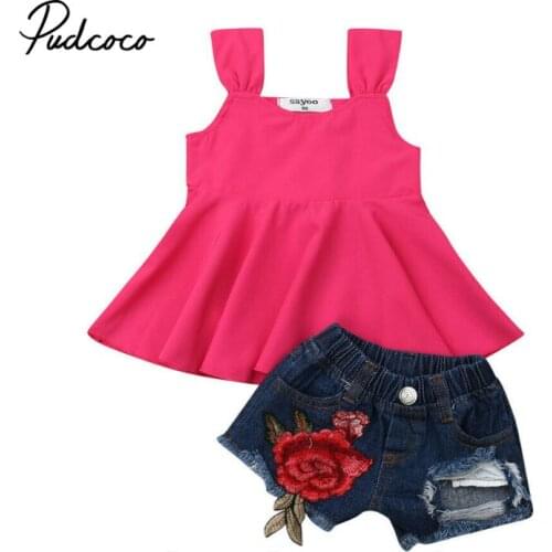 2019 Hot Sale Toddler Baby Girls Sleeveless Off Shoulder Embroidery Rose Tops Denim Shorts Outfits Dropshipping Baby Clothes