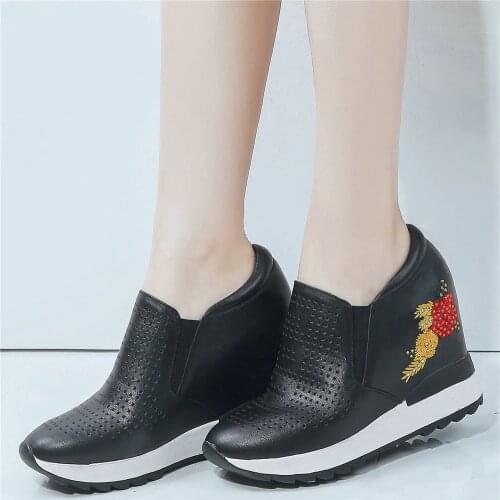 Summer Ankle Boots Women Genuine Leather Wedge High Heel Gladiator Sandals Female Hollow Round Toe Fashion Sneakers Casual Shoes