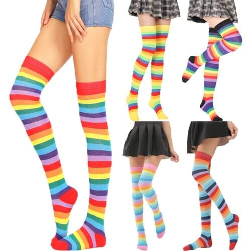 Women Stockings Fashion Casual Cotton Thigh High Over Knee Sexy Socks Summer Girls Female Long Knee Rainbow Navy Socks Cosplay
