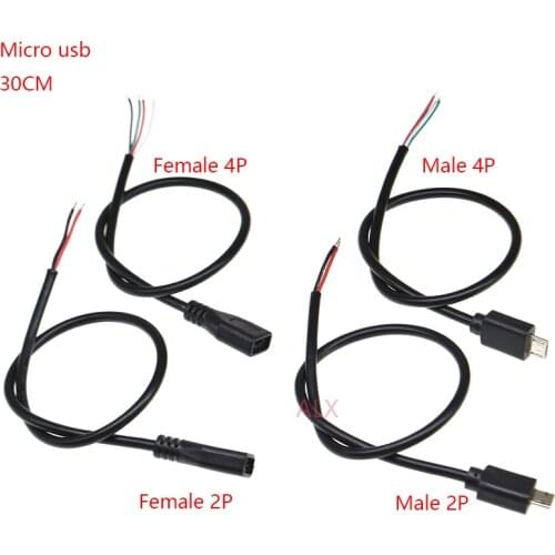 DIY 30CM MICRO USB male plug female jack connector with wire 2PIN 4pin usb cable Charging line Welding Type 2p 4p