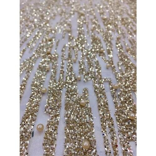 Elegant BZL-80706 gold color glued glitter lace hand print for lady sawing shining lovely with beads