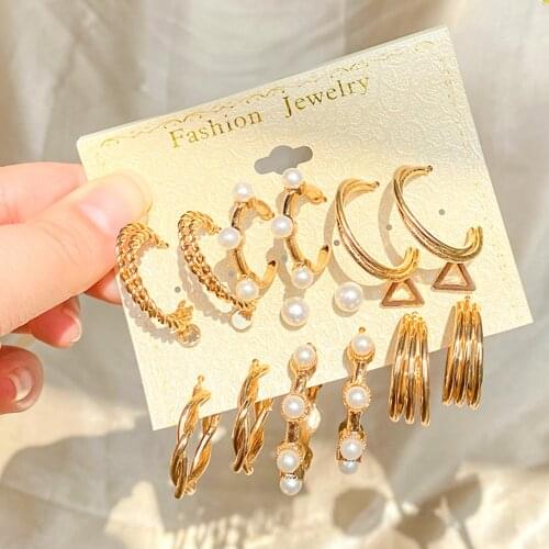 FNIO Fashion Gold Hoop Earrings Set Women Pearl Hoop Earrings Oversize Metal Circle Punk Earring 2021 Female Fashion Jewelry