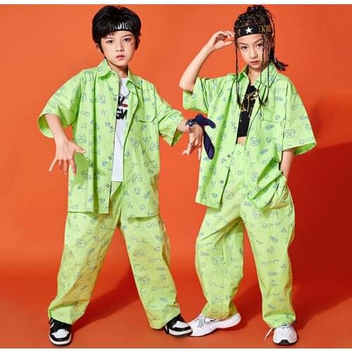 Handsome Hip Hop Dancing Costumes Kids Green Shirts Pants For Girls Jazz Performance Clothing Boys Street Rave Clothes BL6619