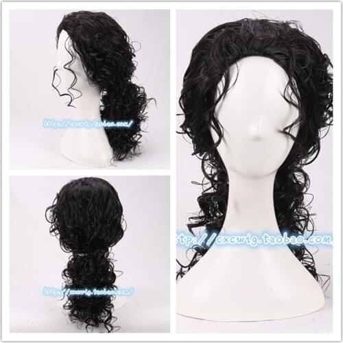 Michael Jackson Cosplay Black Wig Michael Role Play Medium Long Curly Black Hair Pigtail Wig Halloween Costume Cosplay Wigs