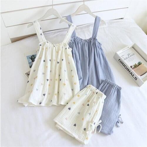2021 Summer New Style Ladies Pajamas Two-piece 100%Cotton Crepe Suspender Shorts Vest Suit Sweet And Loose Home Service Sexy