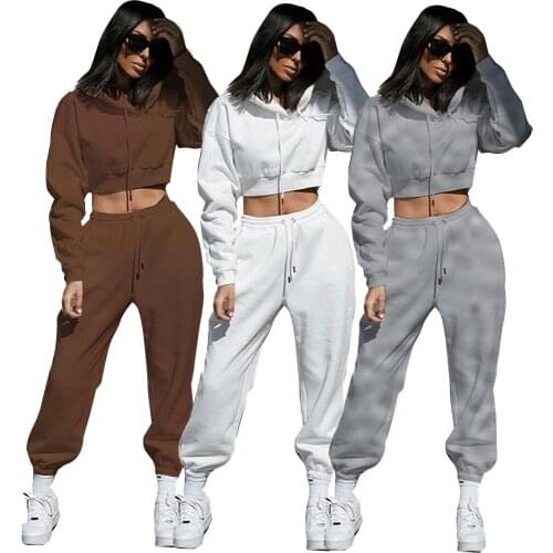 Autumn And Winter New Hooded Plus Velvet Two-piece Womens Long-sleeved Top And Pants With Fashionable Casual Navel Exposed Suit