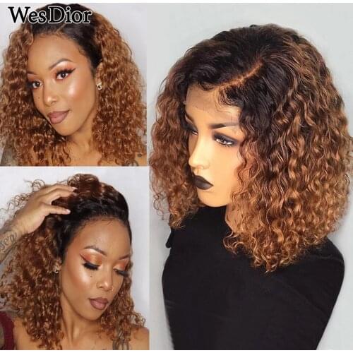 Honey Ombre Blond Short Bob Curly Lace Front Wigs With Baby Hair Density 180 Pre Plucked 13x4 Brazilian Bob Wigs Bleached Knots