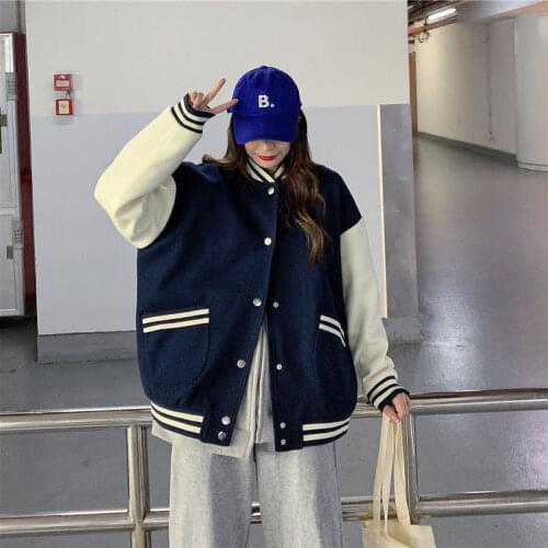 Korean Style Hot Single Breasted Spliced Letter Brand Clothing Bomber Jacket Women Loose Baseball Uniform Female Winter Coat