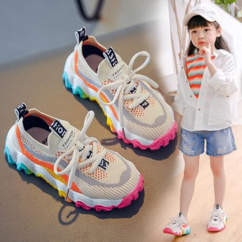 Girls Casual Sports Shoes Weaving Air Mesh Outdoor Light Running Sneakers Fashion Rainbow Sole Retro Old Dady Shoes Kid 26-37