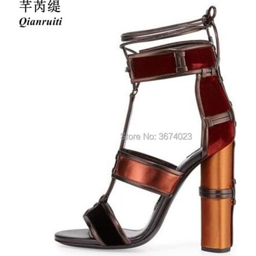 Qianruiti Female Paneled Leather Sandals Patchwork Block High Round Heels Gladiator Ankle Strap Caged Sandalias Summer