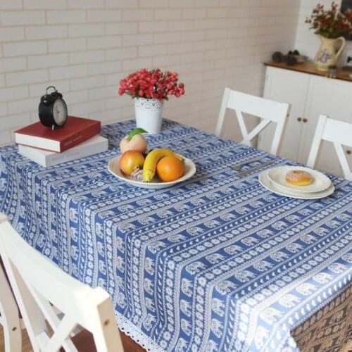 Modern Blue Elephant Striped Table Cloth Thai Style Table Cover With Lace Edge Simple Coffee Dining Tablecloth Home Decorative
