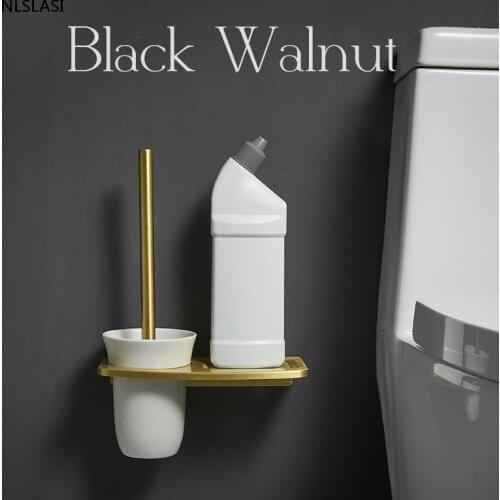 Modern Wall Mounted Bathroom Accessories Space Aluminum Golden Toilet Brush Holder with Ceramic Cup Wall Hanging Storage Shelf