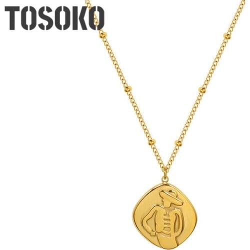 TOSOKO Stainless Steel Jewelry Gentle Goblin Irregular Carving Necklace Female Fashion Chain BSP1038