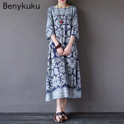 Retro Print Cotton Linen Baggy Kaftan Long Maxi Dress 2021 Vintage Loose Casual Bohemian Robe Femme Plus Size Women Clothing