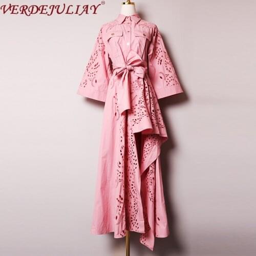 VERDEJULIAY High Quality 100% Cotton European Vintage Irregular Party Dresses Flower Hollow Out Luxury Embroidery Maxi Dress