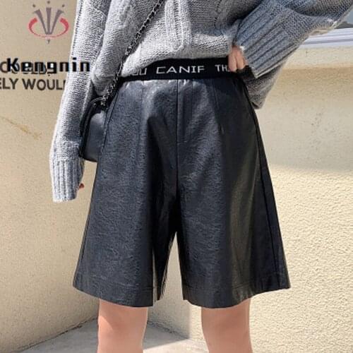Spring 2021 Autumn Women Knee Length Pants High Waist Loose Ladies PU Pants Fake Leather Female Half Pants Black Color KN153