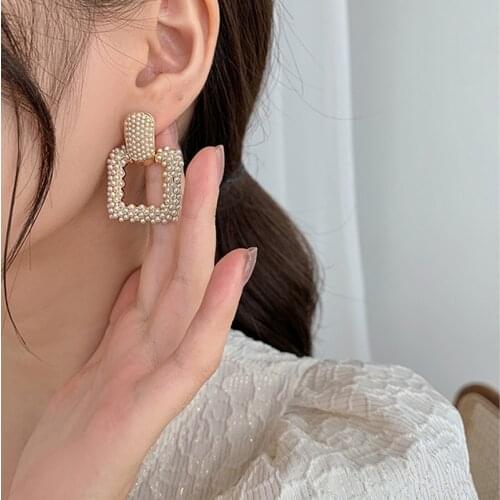 Elegant Pearl Geometric Hollow Square Metal Dangle Earrings for Women 2021 ZA New Brand Jewelry Fashion Statement Pendientes