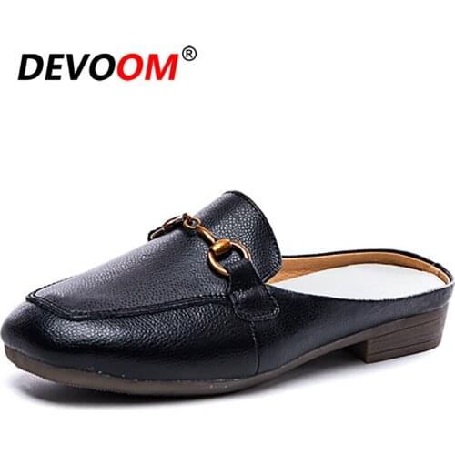 2020 Summer Low Heel Slippers Leather Women Fashion Mule Shoes Pointed Toe Slides Patchwork Sandal Ladies Zapatos Mujer sandalia