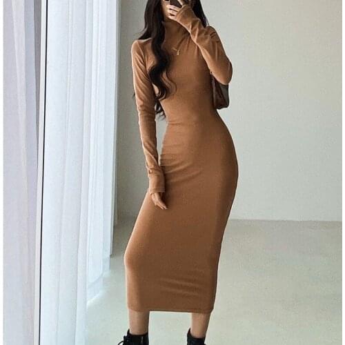 New Autumn French Women Slim Long Maxi Dresses Robe Long Sleeve High Waist Frosted Thickened Tight Turtleneck Dress A778
