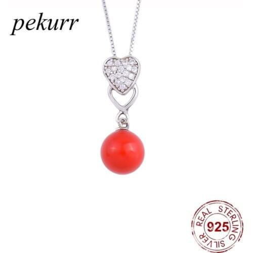 Pekurr 925 Sterling Silver Crystal Heart Red Shell Pearl Necklaces For Women Couple Heart Pearl Pendants Choker Fashion Jewelry