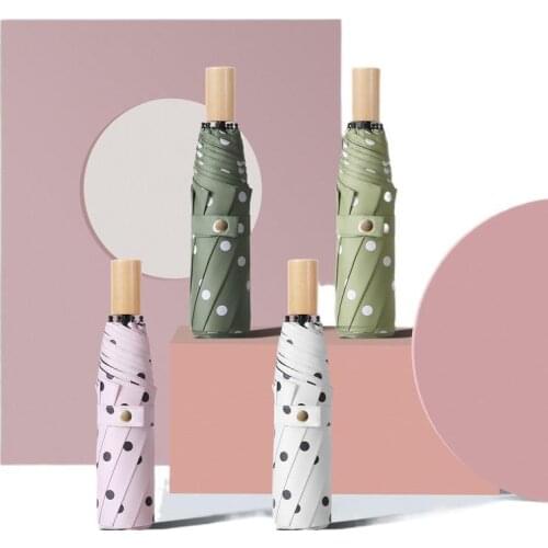 High Quality Wooden Handle Rain Umbrella Black Coating Dots Umbrellas Women Men Three Folding UV Sun Sunshade Parasol